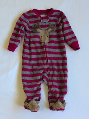 child of mine 2-way zipper striped moose fleece footie sleeper pajamas 3-6 month